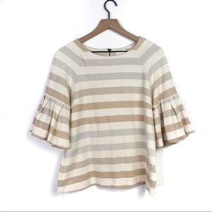 Maeve Anthro Silver Creme Stripe Bell Sleeve Top